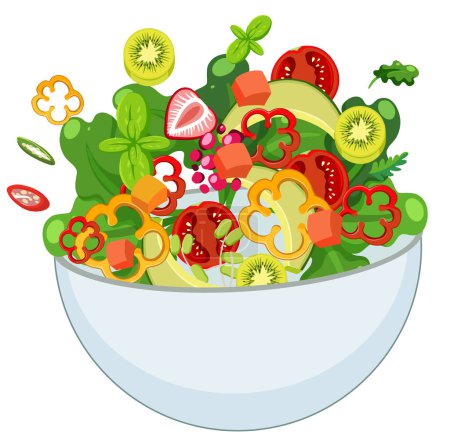Téléchargez les illustrations : Un bol sain et coloré de fruits et légumes biologiques mélangés - en licence libre de droit