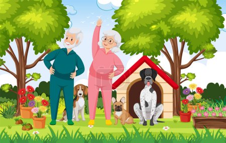 Ilustración de Ilustración de dibujos animados de abuelos alegres haciendo ejercicio con sus perros - Imagen libre de derechos
