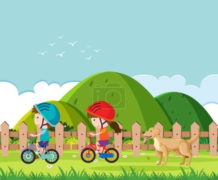 Ilustración de Niños montando bicicletas con un telón de fondo de montaña y un perro leal siguiendo - Imagen libre de derechos