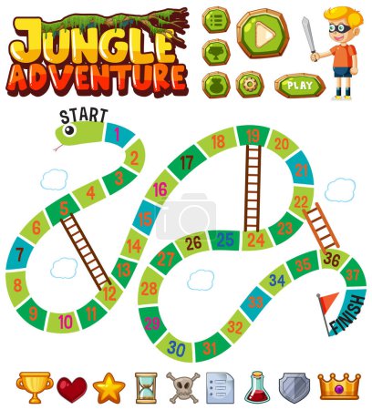 Téléchargez les illustrations : Illustration vectorielle d'un modèle de jeu Snakes and Ladders sur le thème de la jungle - en licence libre de droit