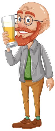 Illustration for A cartoon character of a bald man wearing glasses, standing and holding a pint of beer - Royalty Free Image