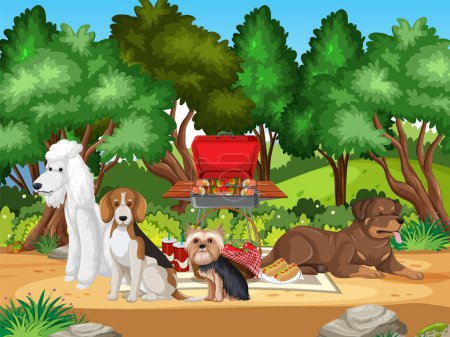 Ilustración de Dibujos animados vectoriales ilustración de perros disfrutando de un picnic en un parque natural - Imagen libre de derechos