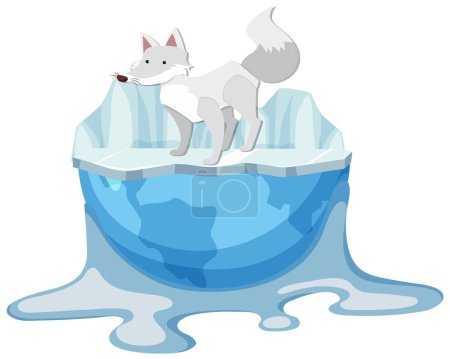 Illustration for A white fox stands on melting ice, symbolizing the impact of climate change - Royalty Free Image