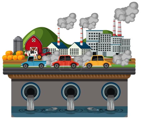 Ilustración de Una ciudad que enfrenta una crisis de contaminación debido al agua y el aire contaminados - Imagen libre de derechos