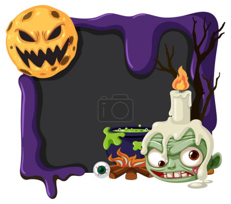 Téléchargez les illustrations : Une bannière d'Halloween effrayante mettant en vedette un zombie et un monstre sous un ciel clair de lune - en licence libre de droit