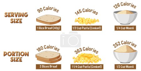 Illustration for Comparing portion sizes and calorie content of carbs through an infographic - Royalty Free Image