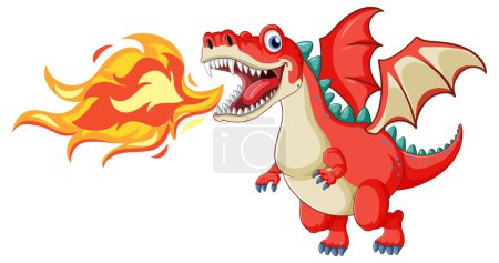 Téléchargez les illustrations : Illustration dynamique d'un dragon libérant le feu dans un style vectoriel de dessin animé - en licence libre de droit