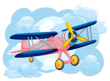 Téléchargez les illustrations : Un avion vintage classique volant dans un ciel plein de nuages, illustré dans un style de dessin animé vectoriel - en licence libre de droit