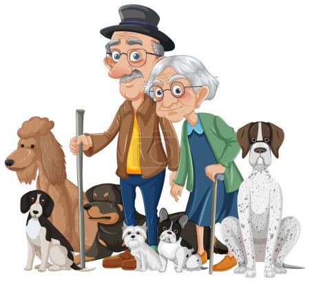 Téléchargez les illustrations : Couple de personnes âgées avec chiens et bâton de marche faisant une promenade - en licence libre de droit