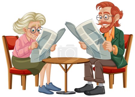Téléchargez les illustrations : Vieux grands-parents assis sur une chaise vintage, absorbé par la lecture du journal - en licence libre de droit