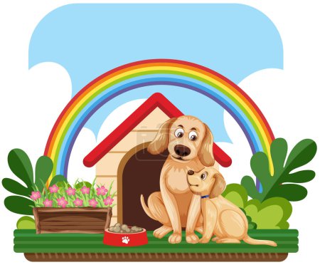 Illustration for A heartwarming scene of a cute mother dog taking care of her puppy in their cozy dog house - Royalty Free Image