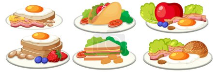 Ilustración de Una deliciosa variedad de opciones nutritivas de desayuno en un estilo de dibujos animados vectoriales - Imagen libre de derechos