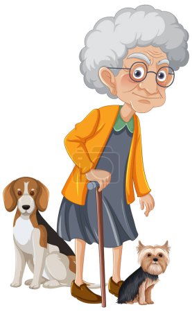 Illustration for A caring grandmother stands proudly with her loyal canine companions - Royalty Free Image
