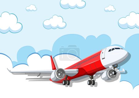 Téléchargez les illustrations : Illustration cartoon d'un avion commercial volant dans un ciel bleu clair - en licence libre de droit