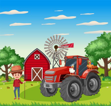 Téléchargez les illustrations : Un agriculteur se tient devant un tracteur dans un milieu agricole rural - en licence libre de droit
