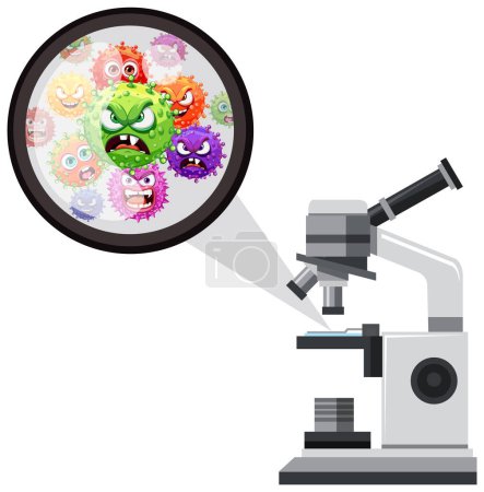 Téléchargez les illustrations : Illustration en dessin animé d'un virus bactérien effrayant vu à travers un microscope - en licence libre de droit