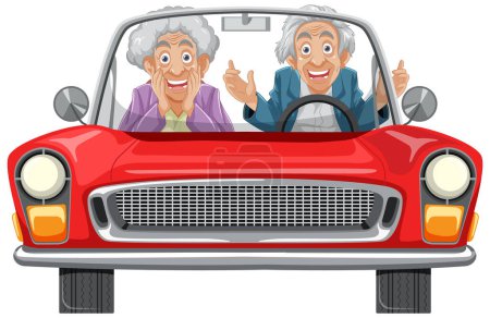 Téléchargez les illustrations : Personne âgée conduisant joyeusement une voiture décapotable dans une illustration de style dessin animé - en licence libre de droit