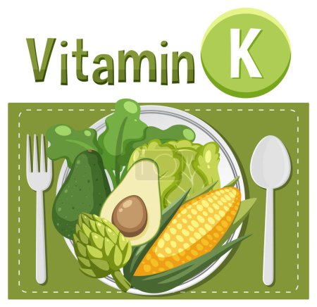 Téléchargez les illustrations : En savoir plus sur les aliments riches en vitamine K dans une illustration de dessin animé amusant - en licence libre de droit