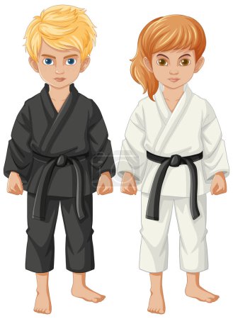 Illustration for A cartoon illustration of a boy and girl wearing judo sport outfits - Royalty Free Image
