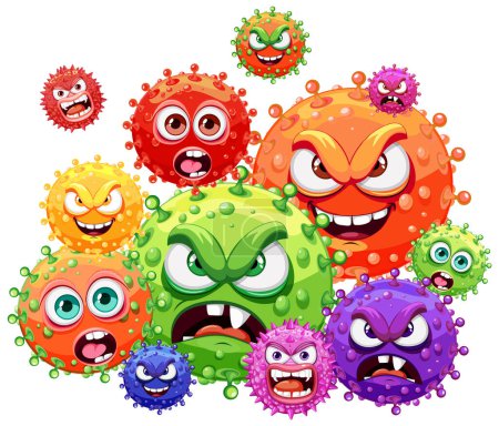 Ilustración de Un grupo de personajes de dibujos animados que representan bacterias, gérmenes y virus - Imagen libre de derechos