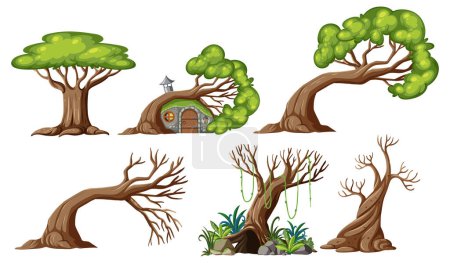 Téléchargez les illustrations : Illustration vectorielle colorée de dessins animés d'arbres fantastiques sur fond blanc - en licence libre de droit