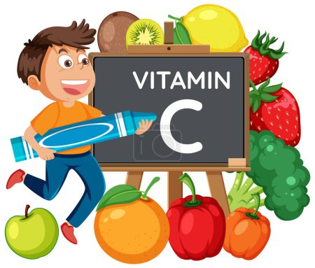 Illustration for Cartoon illustration of a male student surrounded by vitamin C-rich food - Royalty Free Image