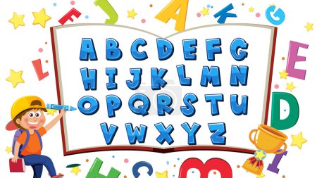 Téléchargez les illustrations : Un jeune garçon est engagé dans l'écriture sur une feuille d'apprentissage alphabet A à Z - en licence libre de droit