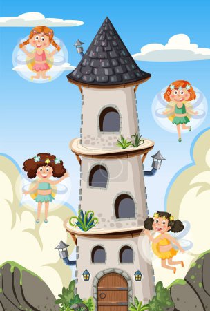 Ilustración de Un castillo mágico rodeado de hadas caprichosas en una tierra encantada - Imagen libre de derechos