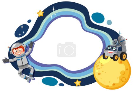 Cheerful astronaut floating near a smiling moon rover.