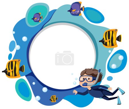 Ilustración de Buceador infantil explorando con peces tropicales bajo el agua. - Imagen libre de derechos