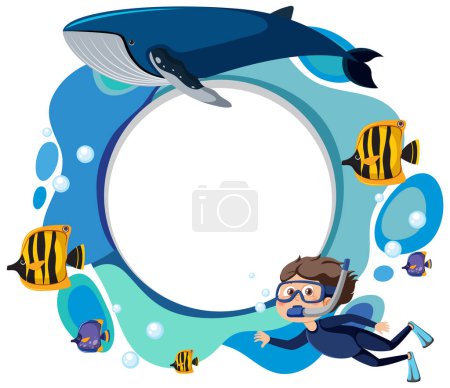 Diver exploring ocean with fish and a whale.