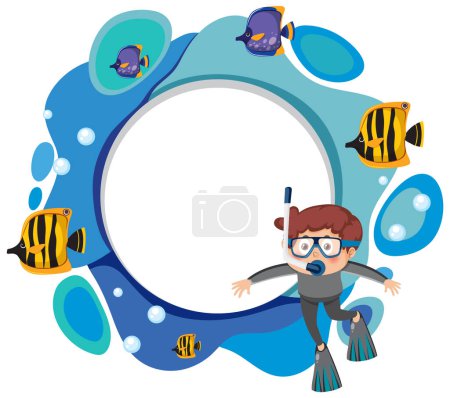 Boy snorkeling among colorful fish and bubbles.