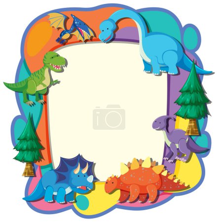 Illustration for Vibrant frame with playful cartoon dinosaurs and trees. - Royalty Free Image