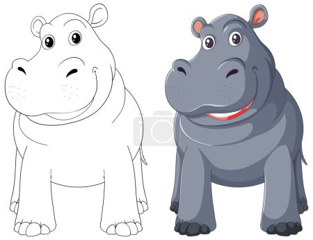Two hippos, one colored and one line art.