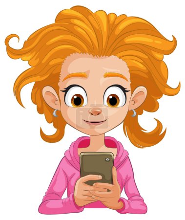 Ilustración de Chica animada con teléfono, sonriente y comprometida - Imagen libre de derechos
