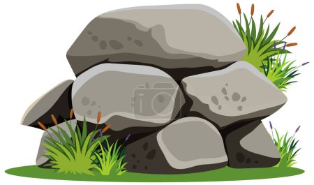 Téléchargez les illustrations : Illustration vectorielle des roches avec végétation environnante - en licence libre de droit