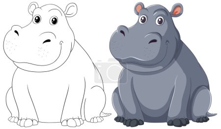 Illustration for Vector artwork of a hippopotamus in two styles. - Royalty Free Image
