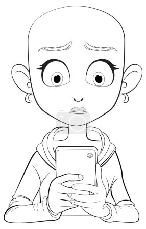 Cartoon-Kind blickt mit großen Augen auf Handy
