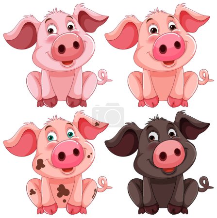 Four cheerful piglets illustrated in vibrant colors