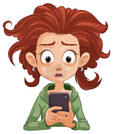Dibujos animados de una mujer sorprendida por su teléfono