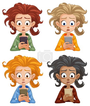 Illustration for Four cartoon characters reacting to their phones - Royalty Free Image