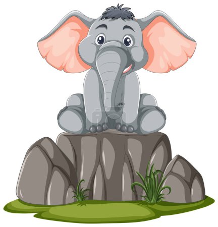 Téléchargez les illustrations : Mignon éléphant animé perché sur des blocs de pierre. - en licence libre de droit