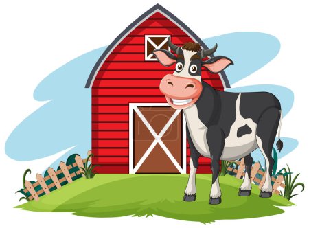Téléchargez les illustrations : Cartoon vache souriant à l'extérieur d'une grange rouge classique - en licence libre de droit