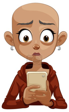 Téléchargez les illustrations : Dessin animé fille avec de grands yeux tenant un téléphone - en licence libre de droit