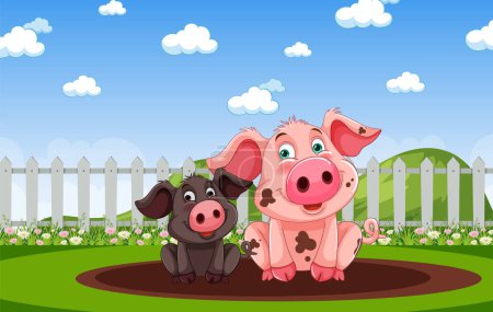Téléchargez les illustrations : Deux cochons de dessin animé souriant dans un champ de fleurs - en licence libre de droit