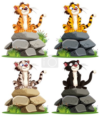 Téléchargez les illustrations : Illustration vectorielle colorée de chats animés assis sur des pierres - en licence libre de droit