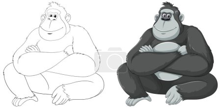 Téléchargez les illustrations : Deux gorilles de dessins animés représentés en niveaux de gris - en licence libre de droit