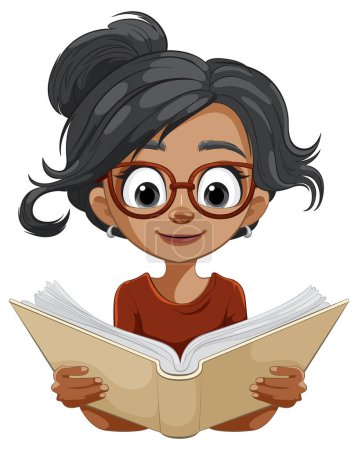 Cartoon of a girl reading with interest and joy