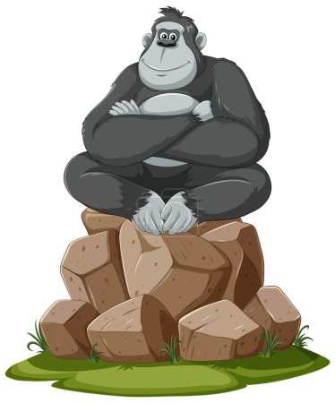 Téléchargez les illustrations : Un gorille heureux assis sur un tas de pierres. - en licence libre de droit