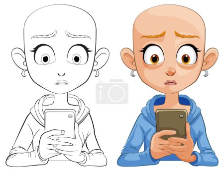 Ilustración de Chica de dibujos animados con los ojos abiertos sosteniendo un teléfono - Imagen libre de derechos